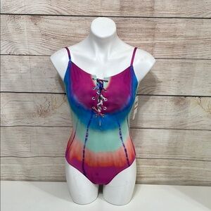 NWT Lucky Brand Tie Dye Multicolor One Piece Lace Up Front Swimsuit Small